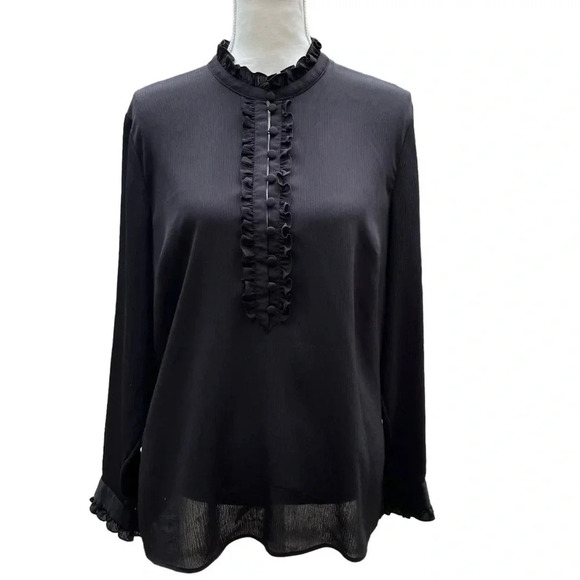 Boden Black Semi-Shear High-Neck Blouse wi/ Ruffle and Button Embellishments 14 - Picture 1 of 12